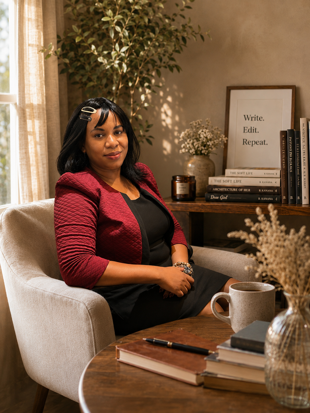 Busara Kanana at her writing desk